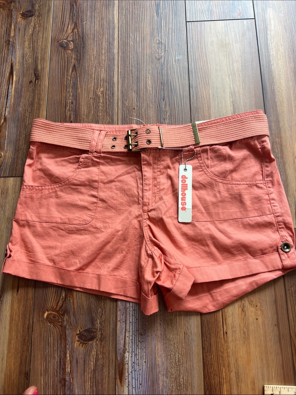 NWT Dollhouse Coral-Peach Cotton Blend Women's Shorts with Woven Belt